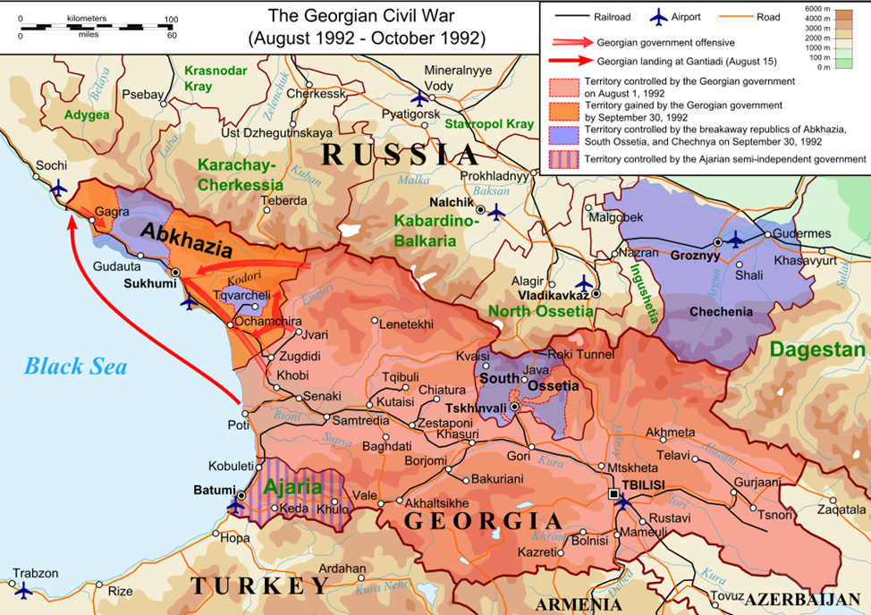 Карта военных действий в ходе Грузинско-абхазского конфликта в 1992 году.
