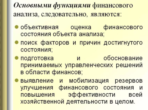 Основные функции при проведении финансового анализа АО.